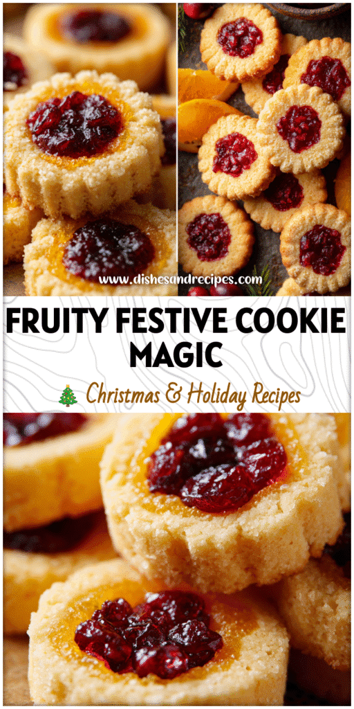Golden orange shortbread thumbprint cookies with bright cranberry centers on a holiday table.